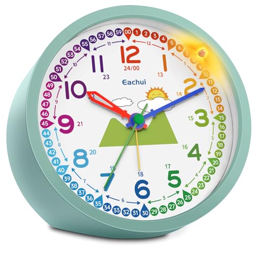 Eachui Analog Wecker Kinder ohne Ticken für Jungen und Mädchen - Analog Quarzwecker mit Nachtlicht, Snooze und Batteriebetrieben Lernwecker, einfach einzustellen(Grün) von Eachui