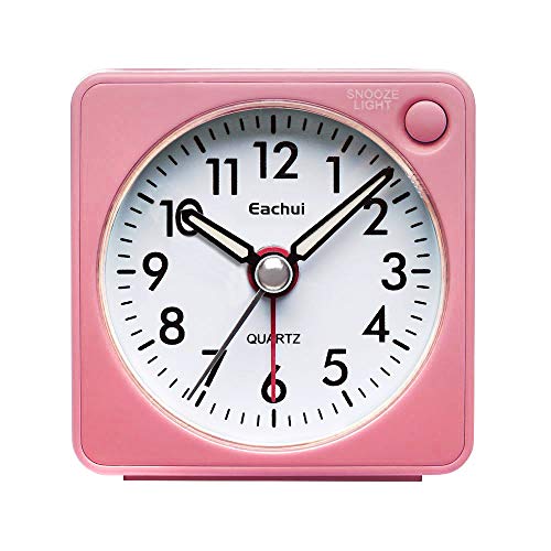 Eachui Mini Wecker Reisewecker mit Nachtlicht, Analog Quarzwecker mit Schlummerfunktion, laut, ansteigender Weckton, kein Ticken, geräuschlos, Batteriebetrieben (Rosa) von Eachui