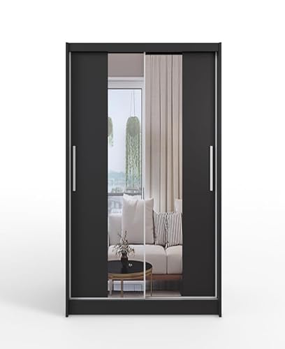 Easy4You C2 Schwarz Schiebetüren Kleiderschrank 150x200x58 cm mit Spiegel - Schlafzimmermöbel, Aufbewahrung - Mehrzweckschrank - Farbe: Schwarz von Easy4You