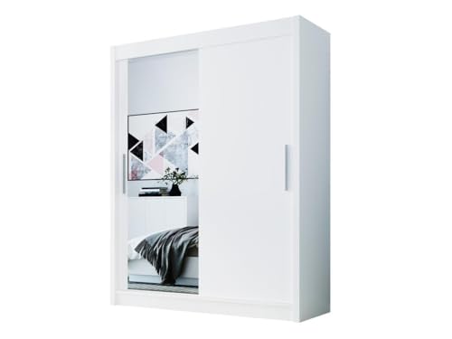 Easy4You D1 150 cm Weiß Schiebetüren Kleiderschrank 150x200x58 cm mit Spiegel - Schlafzimmermöbel, Aufbewahrung - Mehrzweckschrank von Easy4You