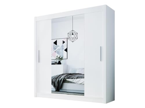 Easy4You D2 180 cm Weiß Schiebetüren Kleiderschrank 180x215x58 cm mit Spiegel - Schlafzimmermöbel, Aufbewahrung - Mehrzweckschrank von Easy4You