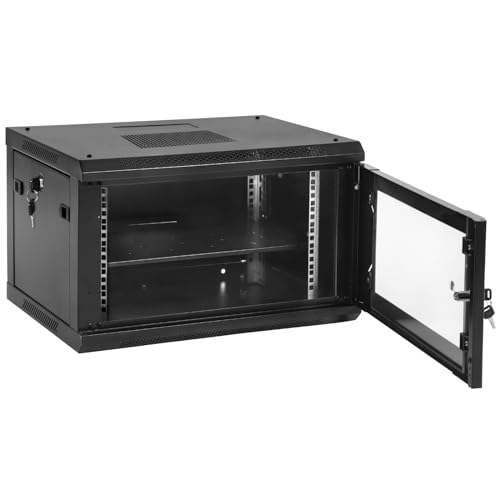 Netzwerkschrank 6U Wandhalterung Serverschrank mit 1 Rack Regalboden, 19 Zoll IT Server Rack Schrank Netzwerkgehäuse, Datenregal mit verriegelbarer Glastür und Seitenwänden, montiert von EasyVibe