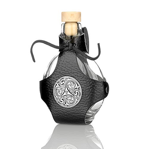 Eburya Glas Feldflasche/Flachmann mit Lederköcher & silberfarbenem keltischen Metallbeschlag von Eburya