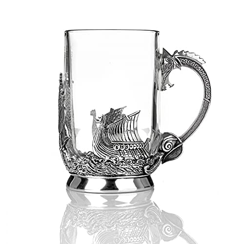 Eburya Skål - Wikinger Bierkrug aus Glas & Zinn mit Drachenschiff & keltischen Mustern von Eburya