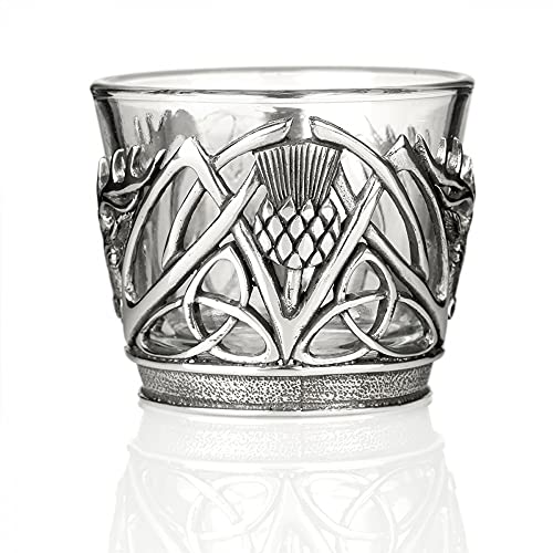 Eburya Stag & Thistle Teelichthalter aus Glas & Zinn - schottischer Hirsch & Distel von Eburya