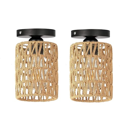 2x Vintage Boho Rattan Mini Lampe Deckenleuchte Hängelampe Deckenlampe Ø12cm Zylinder Lampenschirm E27 Lampenfassung Badlampe Wandlampe Hängeleuchte für Küche Wohnzimmer Schlafzimmer Esszimmer Flur von EcoGehen