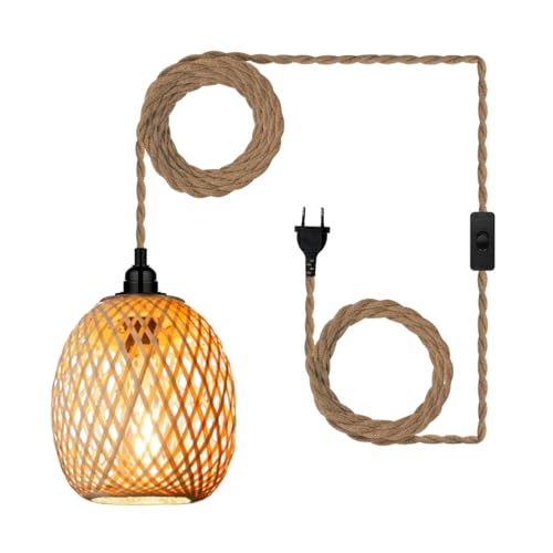 EcoGehen Boho Vintage Hängelampe mit Stecker E27 Lampe Pendelleuchte Bambus Rattan Lampenschirm Hängeleuchte Esstischlampe Industrie Hängende Laterne 450cm Kabel für Schlafzimmer Flur Küche Esstisch von EcoGehen