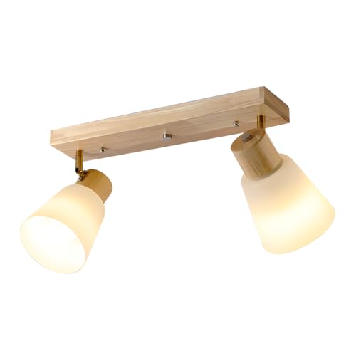 EcoGehen Holz Deckenlampe Deckenleuchte Wohnzimmer Küchenlampe Deckenspots Vintage Deckenstrahler Wandstrahler mit Glas Lampenschirm 2 Flammig Schwenkbar 350° E27 Lampe Decke für Schlafzimmer Küche von EcoGehen