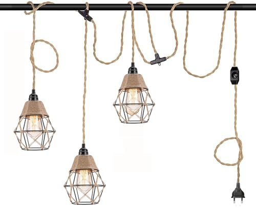 Hängelampe Pendelleuchte 3-Flammig mit Stecker Schalter Lampenfassung E27 Vintage Plug in Hängeleuchte Küche Pavillon Textilkabel Käfige Lampenschirm Küchenlampe Pflanzenlampe 840cm Hanfseil Kabel von EcoGehen