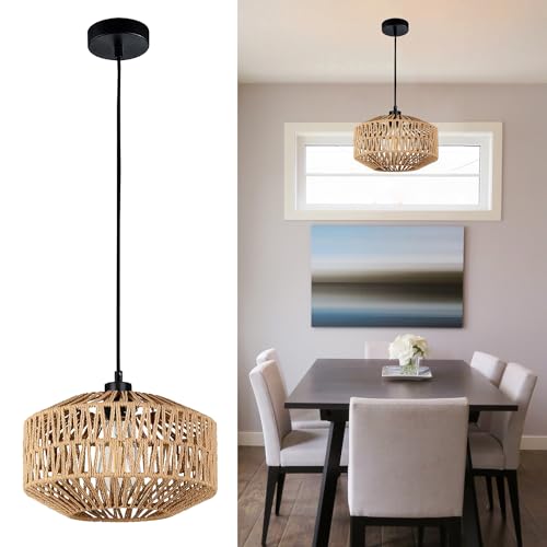 Vintage Boho Rattan Lampe Hängelampe Küche Deckenlampe Deckenleuchte Gewebte Korb Lampenschirm E27 Hängend Korblampe Pendelleuchte Esstischlampe Wohnzimmerlampe für Wohnzimmer Esszimmer Keller Cafe von EcoGehen