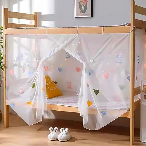 Eimilaly 8 Eckbetthimmel Vorhänge für Mädchen mit bunten Herzen Stickerei, Extra-verschlüsselter Betthimmel für Schlafsaal, Hochbett, 1.2M Bett oder Outdoor Camping von Eimilaly