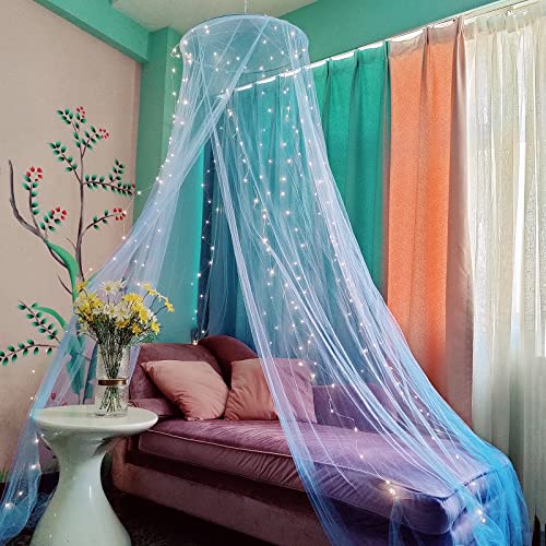 Eimilaly Betthimmel Moskitonetz mit 250 Stück warmweißen Vorhanglichtern, Betthimmel für Mädchenzimmerdekoration oder Mottoparty, blau/warmweiße Lichter von Eimilaly