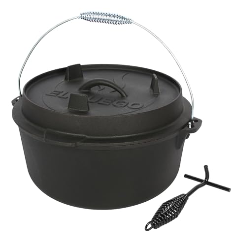 Dutch Oven 13,6 Liter von El Fuego®, 100% Gusseisen, inkl. Schürhaken und Tragebügel, Camping & Outdoor von El Fuego