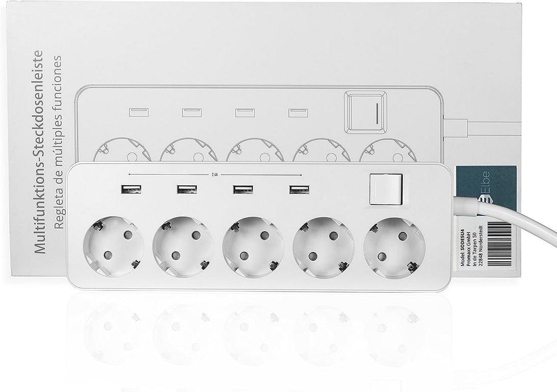Elbe Inno Mehrfachsteckdose USB Steckerleiste Steckdosenleiste 9-fach (separate Ein- / Ausschalter, Statusleuchte, USB-Anschlüsse, Kindersicherung, Überspannungskontrollleuchte, Kabellänge 1.5 m), mit Schalter, Überspannungsschutzschalter, Mehrfachsteckdose von Elbe Inno