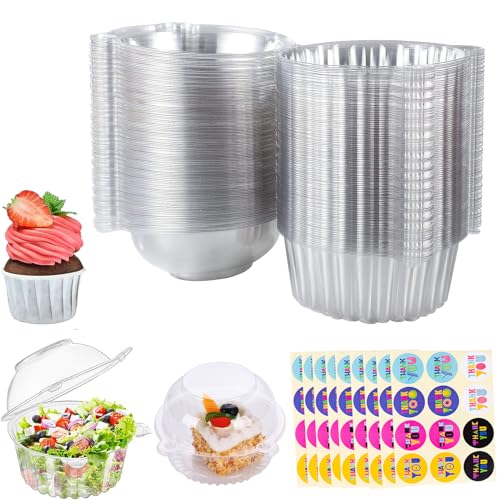 Cupcake-Boxen Klare, Einzelne Kuchenboxen, 100 Stück Cupcake Transportbox Einzeln, 3.9 Inch Individuelle Cupcake Box, Wiederverwendbare Muffin Transportbox mit 108 Aufkleber für Käse, Salat von Elitecran