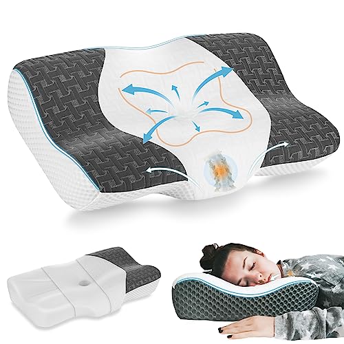 Elviros Orthopädisches Kissen, Memory Foam Ergonomisches Nackenstützkissen, Nackenkissen Kopfkissen Nackenschmerzen, Seitenschläferkissen Bauchschläferkissen, mit Bezug, mit Bezug,dunkelgrau von Elviros