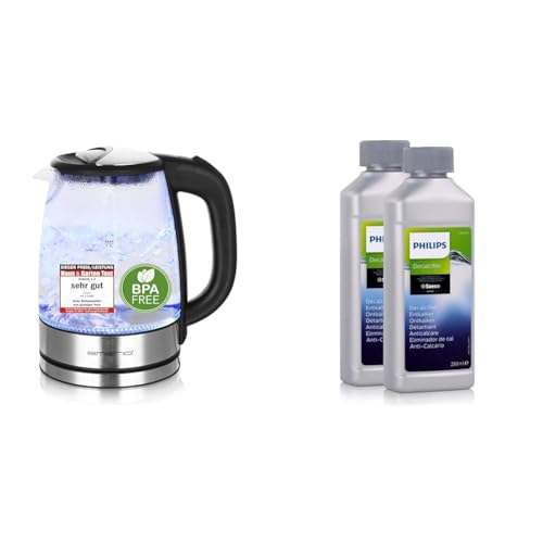 Emerio WK-119988 Glas Wasserkocher,1.7 Liter, 2200 Watt & Philips Universal Flüssig-Entkalker für Kaffeevollautomaten, Vorteilspack, 0.5 Liter, 6 x 6 x 16 cm, Grau von Emerio