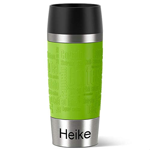 Emsa Isolierbecher MIT Gravur (z.B. Namen) 360ml TRAVEL Mug Limette grün mit persönlicher Rundgravur, Travelmug Kaffee & Tee Thermo to-go-Becher mit Quick Press Verschluss 100% auslaufsicher von Bluecool