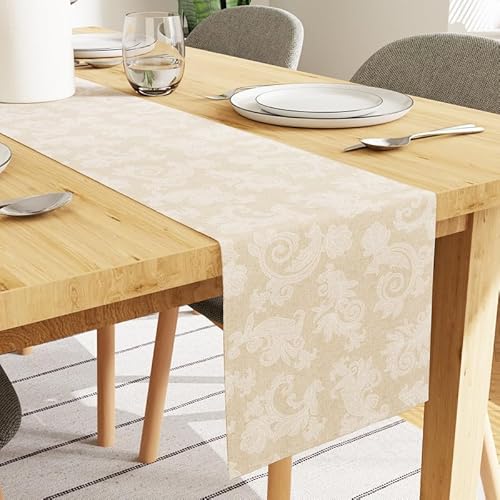 Encasa Esstischläufer für 4 to 6 Seater I Größe 32x183 cm | - Blumen Beige Jacquard Style Print auf Homespun Baumwolle | Schnelle Farben, maschinenwaschbar von Encasa