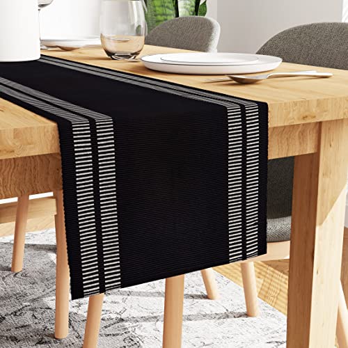 Encasa Tischläufer für 8 Seater-Esszimmer | Leiter schwarz | Feingerippte Baumwolle | Größe 32x240 cm | Über 20 Moderne Farben und gewebte Designs, maschinenwaschbar von Encasa