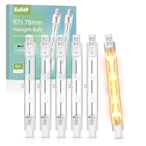 Eofiti Halogen Leuchtmittel R7S 78mm Dimmbar, 150W R7S Halogenstab 78mm Warmweiß 2700K, 2880LM 230V R7s Linear Halogenlampen, J78 Stablampe für Deckenfluter, Baustrahler, Stehleuchte, 6 Stück von Eofiti