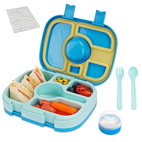 Eowihor Brotdose Kinder mit Fächern, 640 ML Auslaufsichere Bento Box Kinder mit Löffel & Gabel, 1 Soßentöpfe, Namensticker, Lunchbox kinder für Kindergarten Mädchen und Jungen von Eowihor