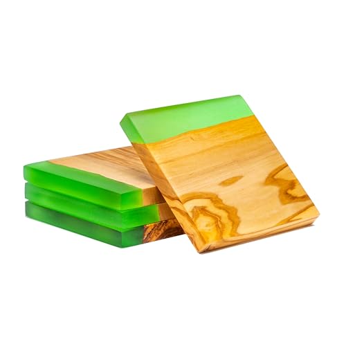 Erreke Untersetzer Gläser, Set mit 4 Holzuntersetzer aus Natürlichem Olivenholz und Epoxidharz, Untersetzer Holz, 10x10x1.2 cm, Grüne Farbe von Erreke