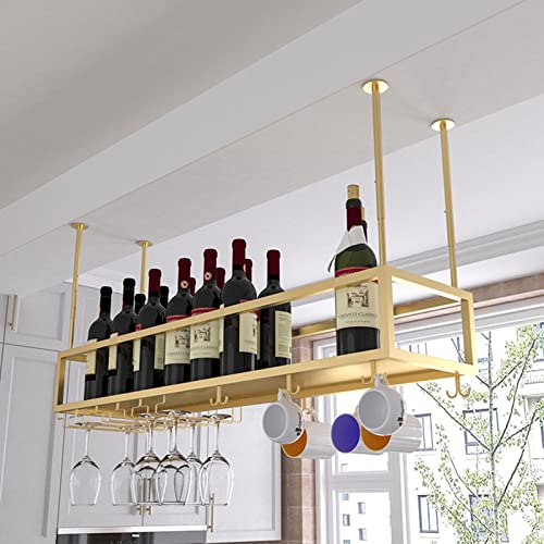 EsEntL Weinregal zum Aufhängen an der Decke, Goldener Weinhalter, Flaschenregal aus Metall mit Aufbewahrungsregal für Stielgläser, für Unterschrank, Küche, Bar, höhenverstellbar (Größe: 100 x 25 x von EsEntL