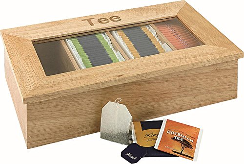 APS 11575 Teebox - Premium Tee-Holzbox mit Sichtfenster und 4 Kammern für Teebeutel, Deckel bleibt offen Stehen, Natur, 4 Kammern á 30 Teebeutel von APS