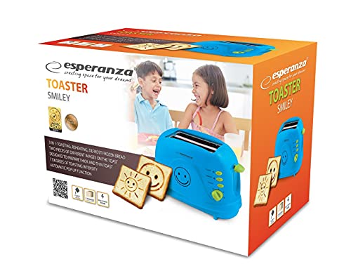 Esperanza Toaster 2 Scheiben mit SMILEY Bild Muster und Timer, Sandwich Krümelschublade, blau von Esperanza