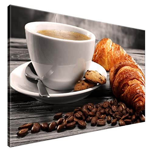 Estika® Leinwand bilder - Croissant mit heißem Kaffee - 120x80 cm, 1 teilige kunstdruck - Wandbilder wohnzimmer, schlafzimmer, Moderne wanddeko, Bild auf leinwand - Küche bilder - 1387A_1B von Estika