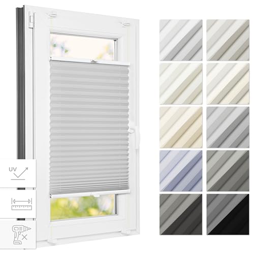 Estika® Thermo Plissee ohne Bohren 105 cm x 120 cm - Hellgrau - Bruchfeste Klemmhalter, Plissee klemmfix, Rollos für Fenster ohne Bohren, Jalousien Fenster für innen, Raffrollo, Fenster plissee von Estika