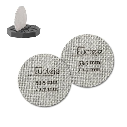 Eucteje 2 Stk. Puck Screen 53,5mm Puck Sieb Espresso Sieb 1,7mm Dicke 150μm Edelstahl 316L mit Silikonhalter Ständer Set für Espressomaschine Kaffeemaschine mit 53mm Siebträgerkorb Siebträger Zubehör von Eucteje