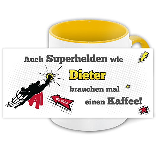 Namens-Tasse Dieter mit Superhelden-Motiv für Kaffeetrinker, gelb/weiss von Eurofoto