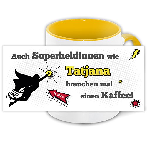 Namens-Tasse Tatjana mit Superheldinnen-Motiv für Kaffeetrinker, gelb/weiss von Eurofoto