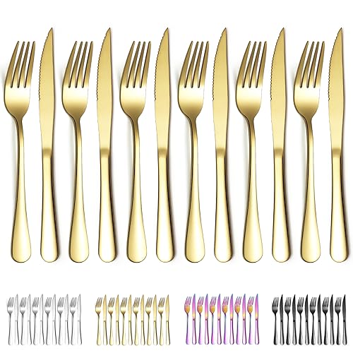 Evanda Gold Steakbesteck 12 teilig, Gold Titanbeschichtung Edelstahl 6 Tafelgabeln und 6 Tafelmesser Set, Steakmesser Steakgabeln, spülmaschinenfest von Evanda