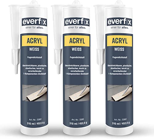 EVERFIX Acryl weiss, (310 ml, 3 Stück) Acryldichtstoff, Maleracryl, Strukturacryl Abdichtmasse, Fugendichtmasse zum abdichten, ausbessern und versiegeln, überstreichbar von Everfix