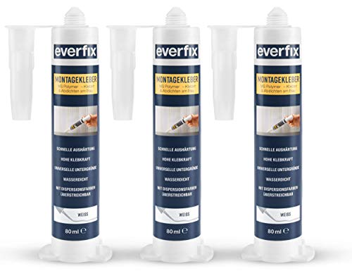 EVERFIX Montagekleber weiss klein 125 g (3 Stück) für innen und außen, extra starker Kraftkleber für Metall, Holz, Fliesen, etc., Baukleber zum Kleben und Abdichten, 125 g / 80 ml von Everfix