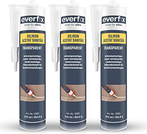 EVERFIX Sanitär Silikon Acetat transparent (310 ml, 3 Stück) für Bad, Dusche und Küche zum Abdichten und Verfugen für außen und innen, schimmelresistent, pilzhemmend, wasserdicht von Everfix