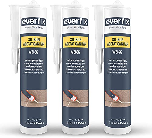 EVERFIX Sanitär Silikon Acetat weiss (310 ml, 3 Stück) für Bad, Dusche und Küche zum Abdichten und Verfugen für außen und innen, schimmelresistent, pilzhemmend, wasserdicht von Everfix