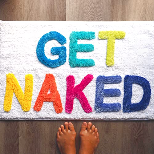 Evovee Get Naked Badematte, Regenbogenfarben, lustig, niedlich, bunt, mehrfarbig, weißer Teppich, Dusche, lustige Badezimmer-Dekoration, lustig, niedlich, Badematte, rutschfest von Evovee