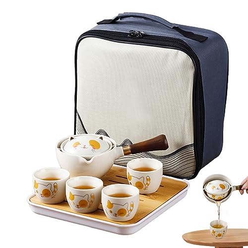 7pcs/Set Travel Tea Set Keramik Süßes Katze Tragbares chinesisches Tee -Set mit 360 Rotationsteekanne und Infuser, 4 Teetassen, Bambus -Tee -Tablett und Tragetasche für Tee Maker Birthday Weihnacht von Eyccier