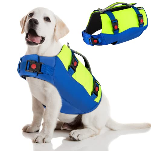 Eyein Schwimmwesten für Mittlere Hunde, Größenverstellbare Hundeschwimmweste mit starkem Auftrieb, leichte Schwimmhilfe mit reflektierendem Rettungsgriff und Reißsicherung für Schwimmen (Blau, M) von Eyein