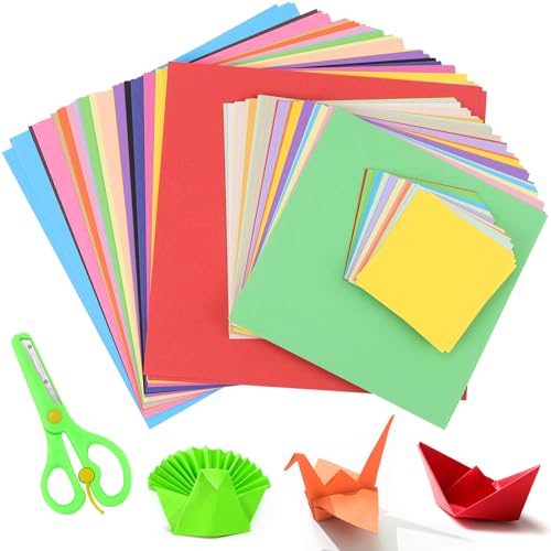 FAELNK 300 Blatt Origami Papier Faltpapier Quadratisch Buntes Papier Faltpapier 20 Farben 15x15cm & 20x20cm | 10 Farben 7x7cm Doppelseitig Buntpapier mit Schere für DIY Bastelprojekte Kinder von FAELNK