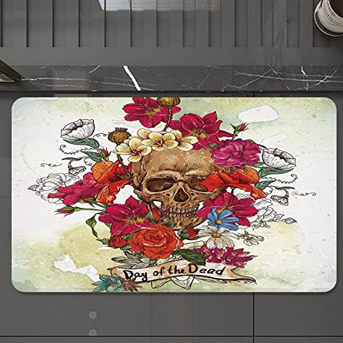 Badematte 40 x 60 cm rutschfeste Badezimmermatte Super saugfähiges Wasser,Day Of The Dead Decor, Skull Dead Head mit Blumen, Gänseblümchen, spanischer, festlicher Traditionsdru,Bequemer Duschteppich von FALOME