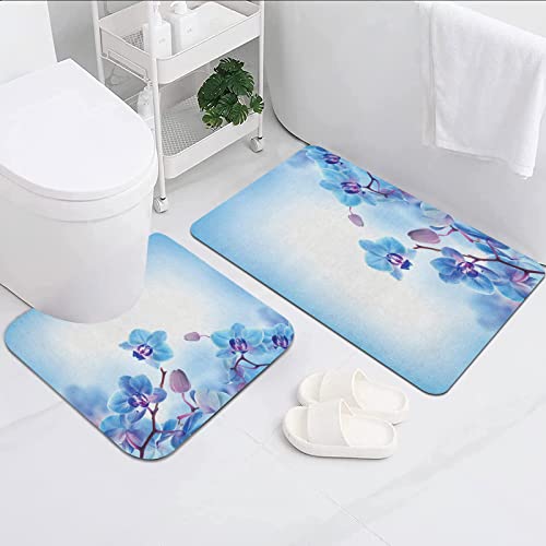 Badezimmerteppich Badematte Set 2 Teilig,Blumen-Orchideen Natürliche Blumen-Reflexionen auf dem Wasser für Frühlings-beruhigende Kunst, Blau-Violett,Schmutzfangmatte für Badezimmer Küchenteppich von FALOME