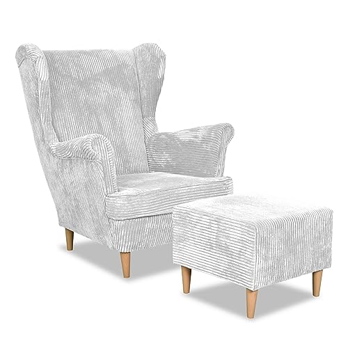 FAMILY MEBLE Sessel mit Fußstütze Bonito Kord hellgrau | Lounge-Sessel mit Fußstütze Sessel für Wohnzimmer, Schlafzimmer, Büro | Elegantes modernes Design | Bequeme Sitzfläche und Rückenlehne von FAMILY MEBLE