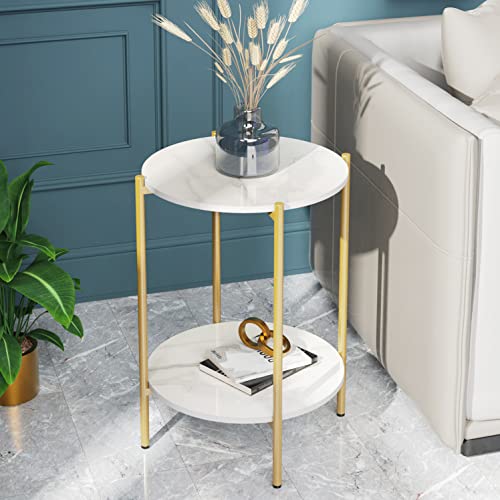 FATIVO Beistelltisch Gold Marmor Rund: 2-Ablagen Skandinavisch Beistelltisch Weiß Nachttisch 40.5×40.5×55 Moderner Kaffeetisch Sofatisch mit Goldem Metallgestell für Wohnzimmer Schlafzimmer von FATIVO