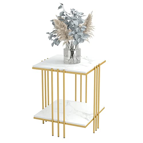 FATIVO Beistelltisch Gold Nachttisch Marmor: 2 Ablagen Couchtisch Wohnzimmertisch mit Goldenem Metallgestell für Wohnzimmer Schlafzimmer 44.5X44.5X 55.5 cm von FATIVO