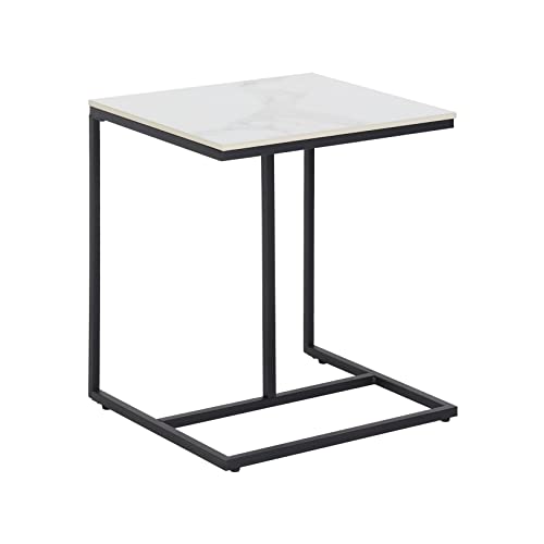 FATIVO Beistelltisch Marmor Weiß Nachttisch: C-Form Gesinterter Stein Beistelltische Sofatisch mit Schwarz Metallgestell Skandinavisch Wohnzimmertisch für Wohnzimmer Schlafzimmer 45×39.5×52.5cm von FATIVO